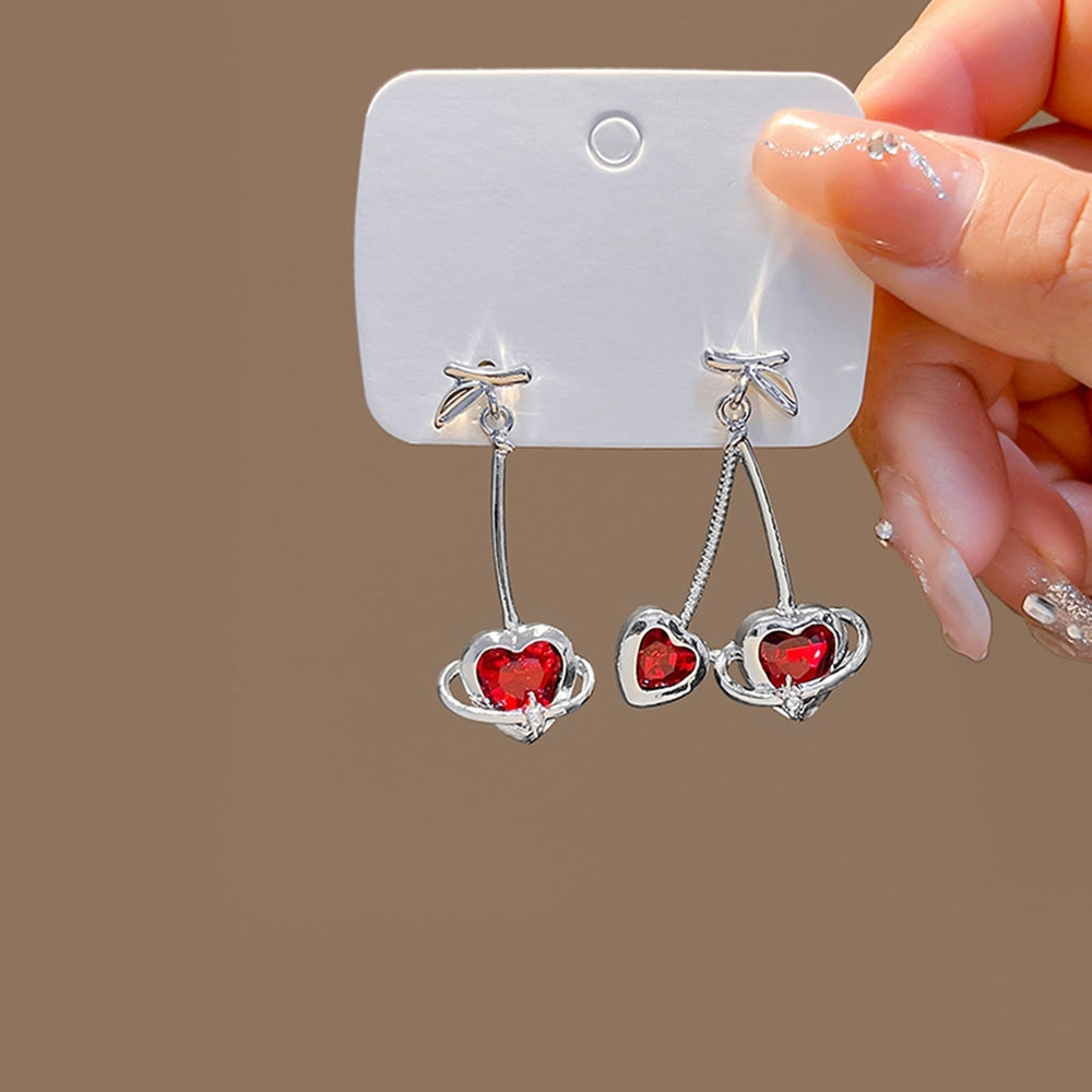 1 Pair Pendant Earrings Asymmetric Geometric Splicing Fashion Love Heart Red Rhinestone Ear Studs Jewelry Accessory Image 2