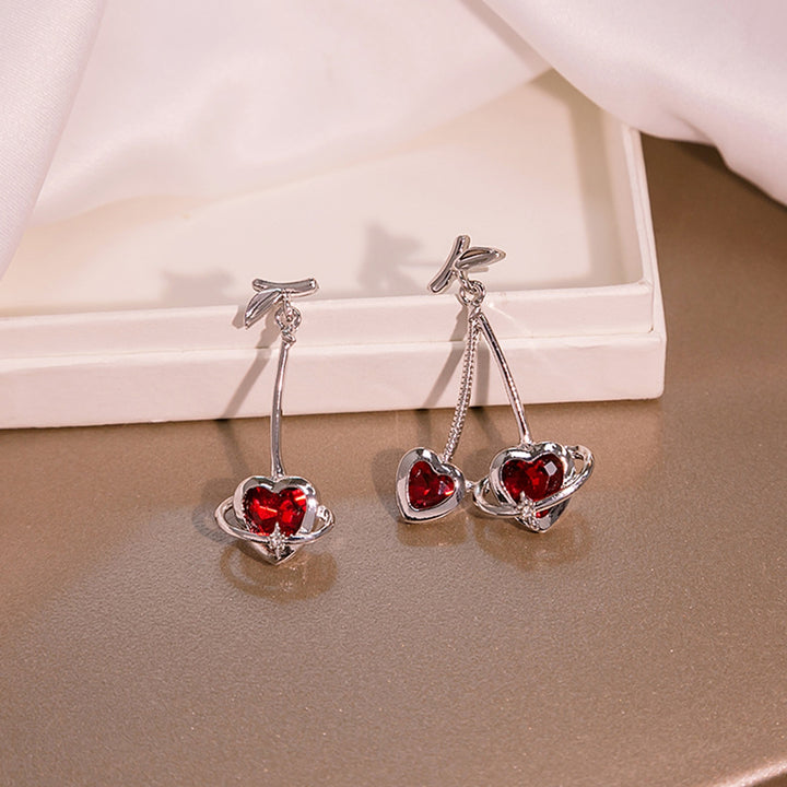 1 Pair Pendant Earrings Asymmetric Geometric Splicing Fashion Love Heart Red Rhinestone Ear Studs Jewelry Accessory Image 3