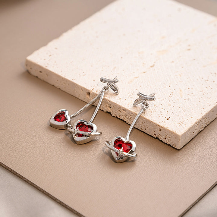 1 Pair Pendant Earrings Asymmetric Geometric Splicing Fashion Love Heart Red Rhinestone Ear Studs Jewelry Accessory Image 4