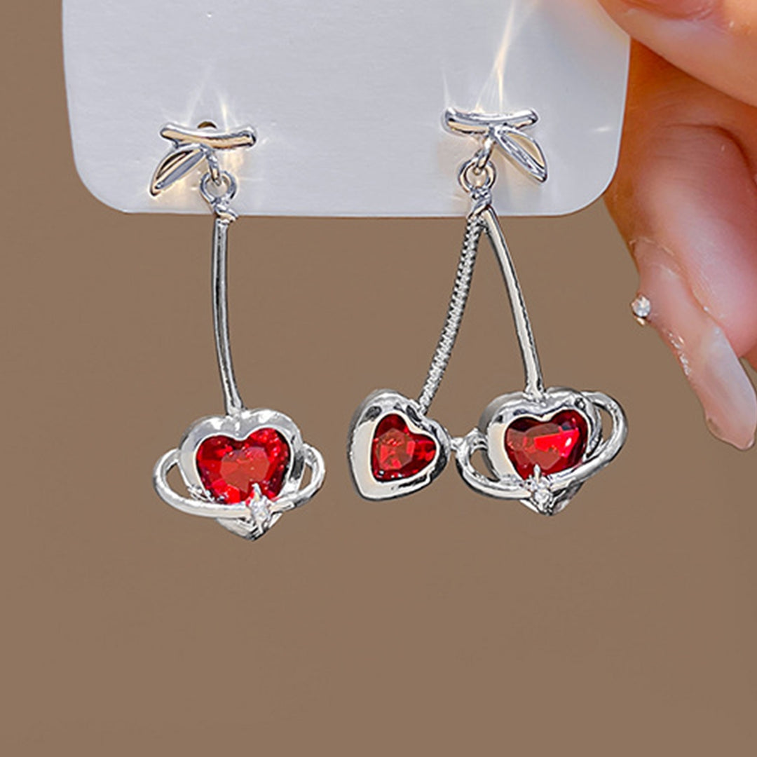 1 Pair Pendant Earrings Asymmetric Geometric Splicing Fashion Love Heart Red Rhinestone Ear Studs Jewelry Accessory Image 7