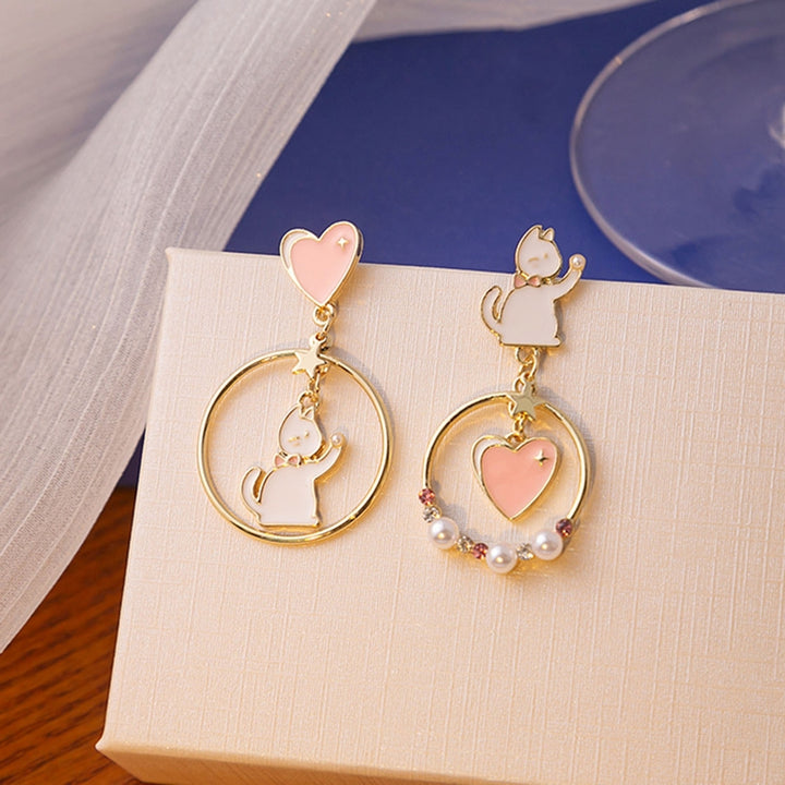 1 Pair Stud Earrings Japan Korea Style Hollow Ring Rhinestone Faux Pearl Gift Fun Cartoon Cat Love Heart Girls Drop Image 1
