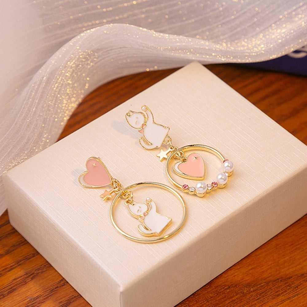 1 Pair Stud Earrings Japan Korea Style Hollow Ring Rhinestone Faux Pearl Gift Fun Cartoon Cat Love Heart Girls Drop Image 2