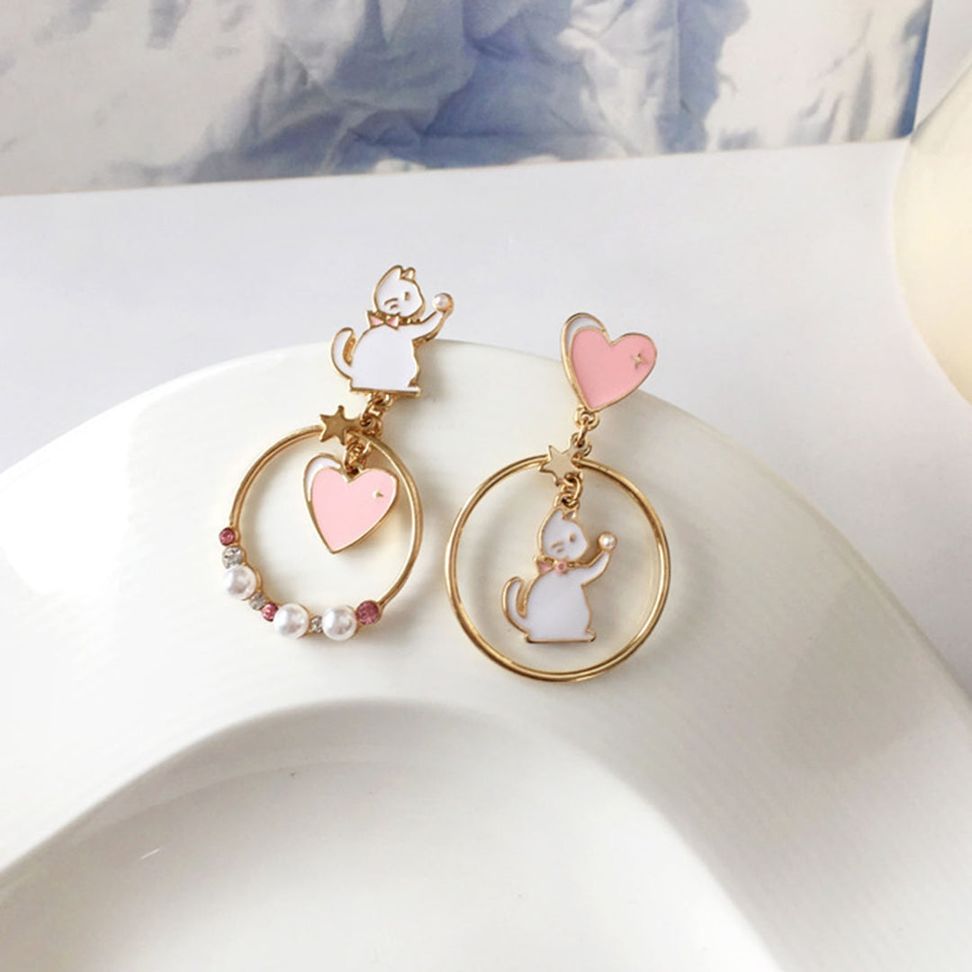1 Pair Stud Earrings Japan Korea Style Hollow Ring Rhinestone Faux Pearl Gift Fun Cartoon Cat Love Heart Girls Drop Image 4
