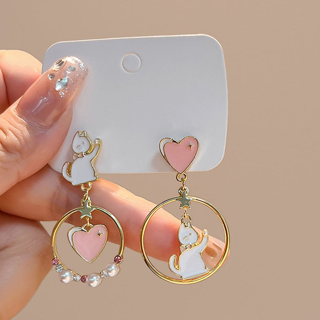 1 Pair Stud Earrings Japan Korea Style Hollow Ring Rhinestone Faux Pearl Gift Fun Cartoon Cat Love Heart Girls Drop Image 8