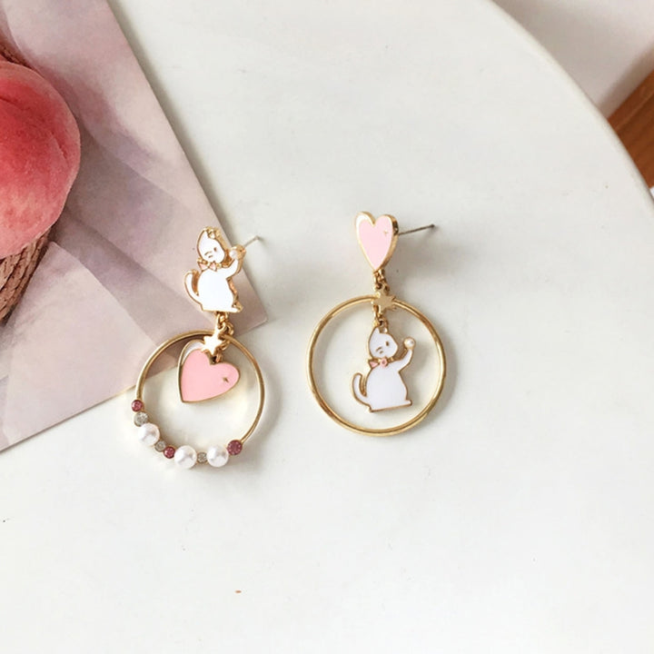 1 Pair Stud Earrings Japan Korea Style Hollow Ring Rhinestone Faux Pearl Gift Fun Cartoon Cat Love Heart Girls Drop Image 9