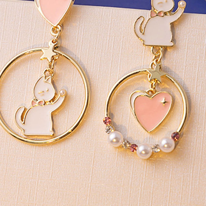1 Pair Stud Earrings Japan Korea Style Hollow Ring Rhinestone Faux Pearl Gift Fun Cartoon Cat Love Heart Girls Drop Image 10