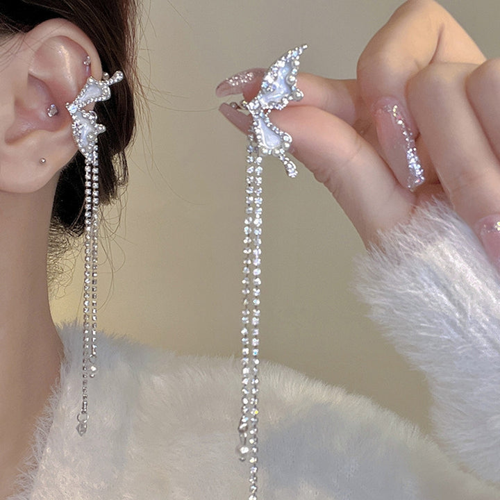 1 Pair Ear Cuffs Non-Piercing Long Tassels Faux Pearls Elegant Fairy Rhinestone Butterflies Cartilage Clip Earrings Image 2