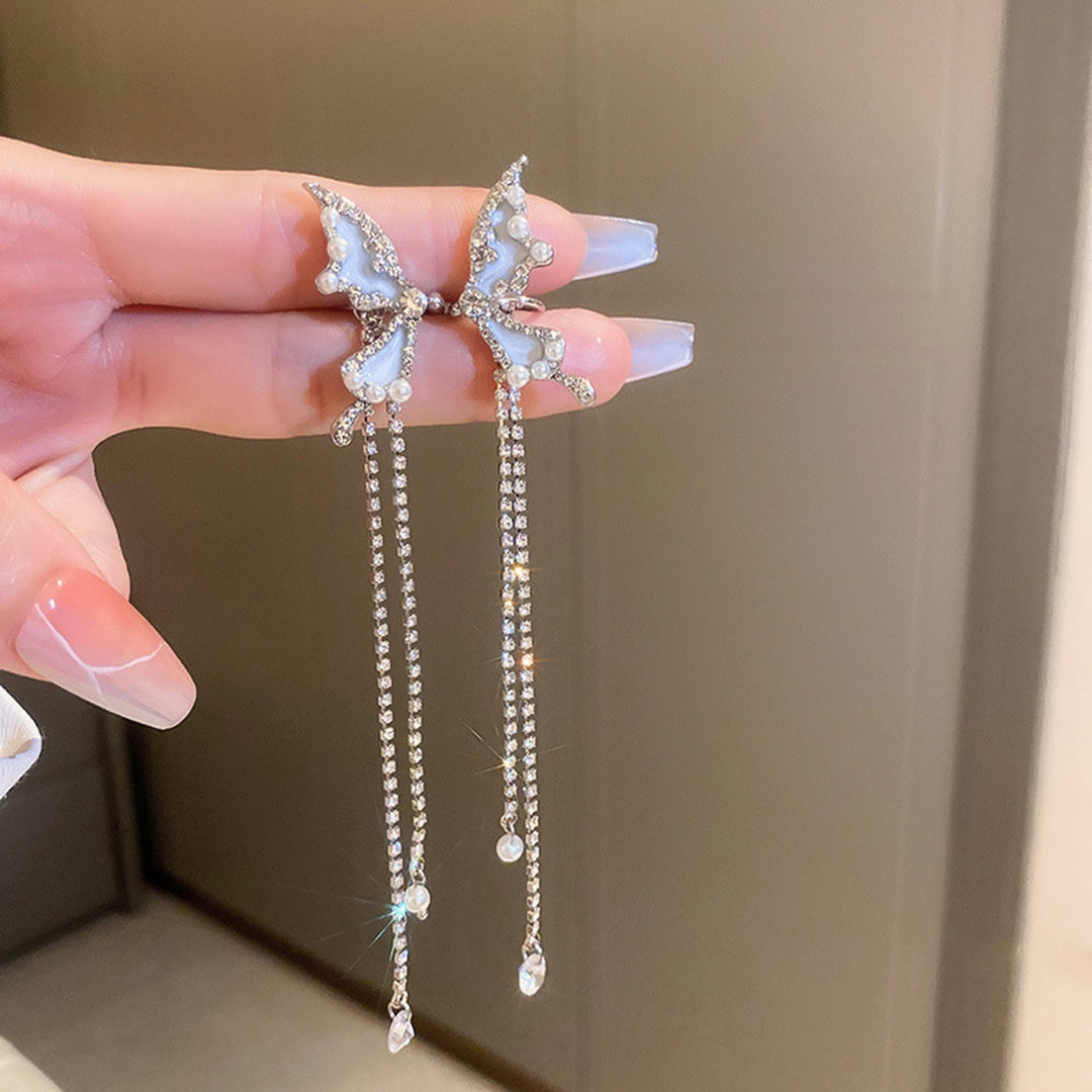 1 Pair Ear Cuffs Non-Piercing Long Tassels Faux Pearls Elegant Fairy Rhinestone Butterflies Cartilage Clip Earrings Image 3