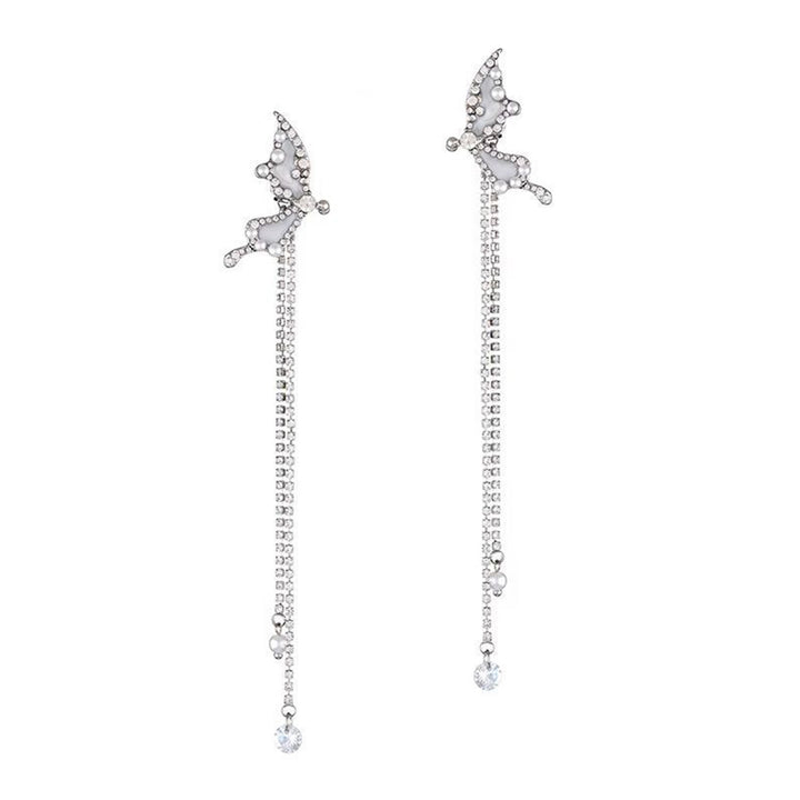 1 Pair Ear Cuffs Non-Piercing Long Tassels Faux Pearls Elegant Fairy Rhinestone Butterflies Cartilage Clip Earrings Image 4