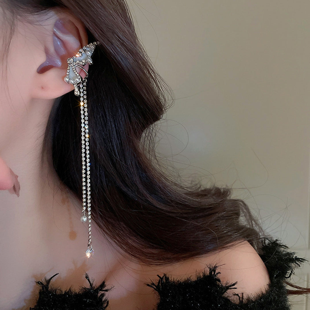 1 Pair Ear Cuffs Non-Piercing Long Tassels Faux Pearls Elegant Fairy Rhinestone Butterflies Cartilage Clip Earrings Image 8