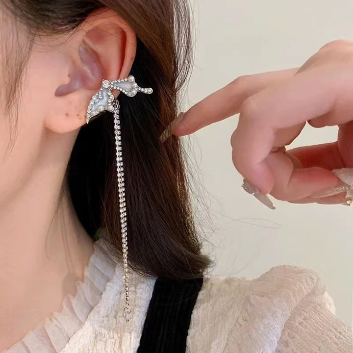 1 Pair Ear Cuffs Non-Piercing Long Tassels Faux Pearls Elegant Fairy Rhinestone Butterflies Cartilage Clip Earrings Image 11