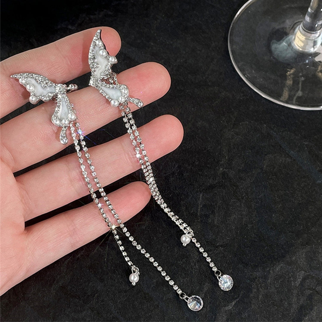 1 Pair Ear Cuffs Non-Piercing Long Tassels Faux Pearls Elegant Fairy Rhinestone Butterflies Cartilage Clip Earrings Image 12