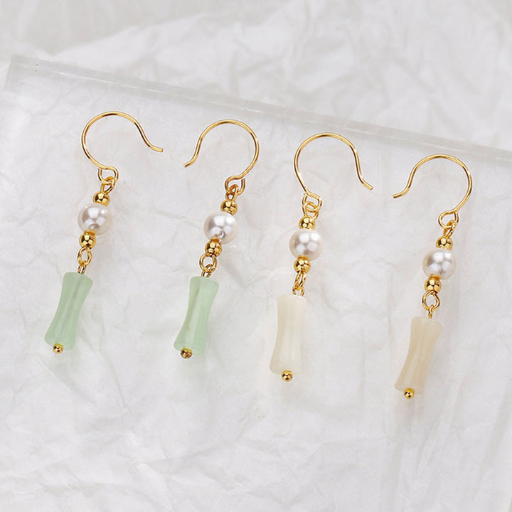 1 Pair Dangle Earrings Faux Pearl Bead Chinese Style Faux Hetian Jade Bamboo Joint Hook Earrings Jewelry Accessories Image 6