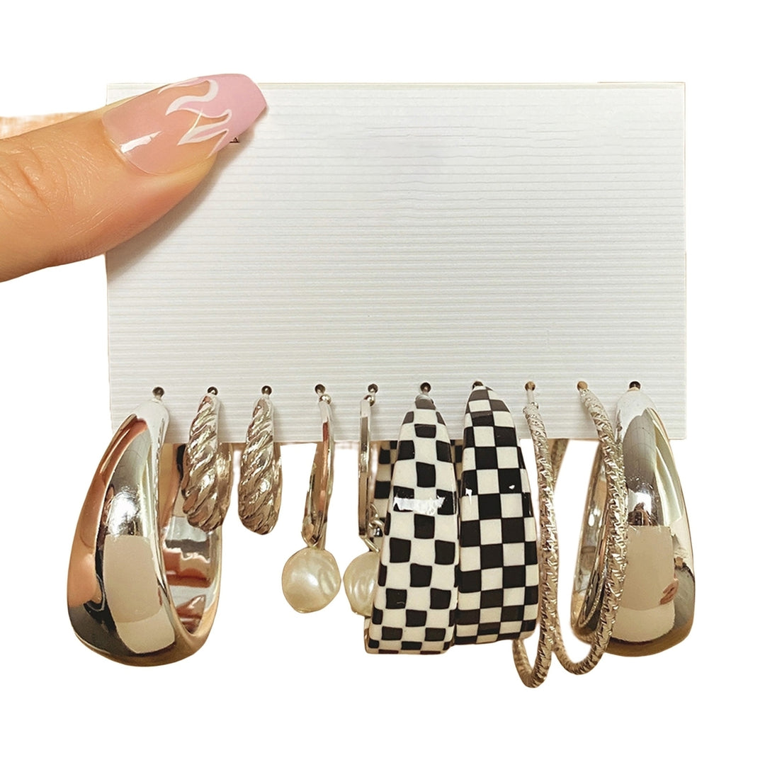 5 Pairs Drop Earrings Geometric Black White Checkerboard Butterflies Faux Pearl Love Heart Women Hoop Earrings Fashion Image 4