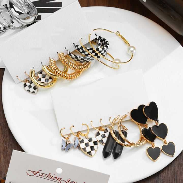 5 Pairs Drop Earrings Geometric Black White Checkerboard Butterflies Faux Pearl Love Heart Women Hoop Earrings Fashion Image 6