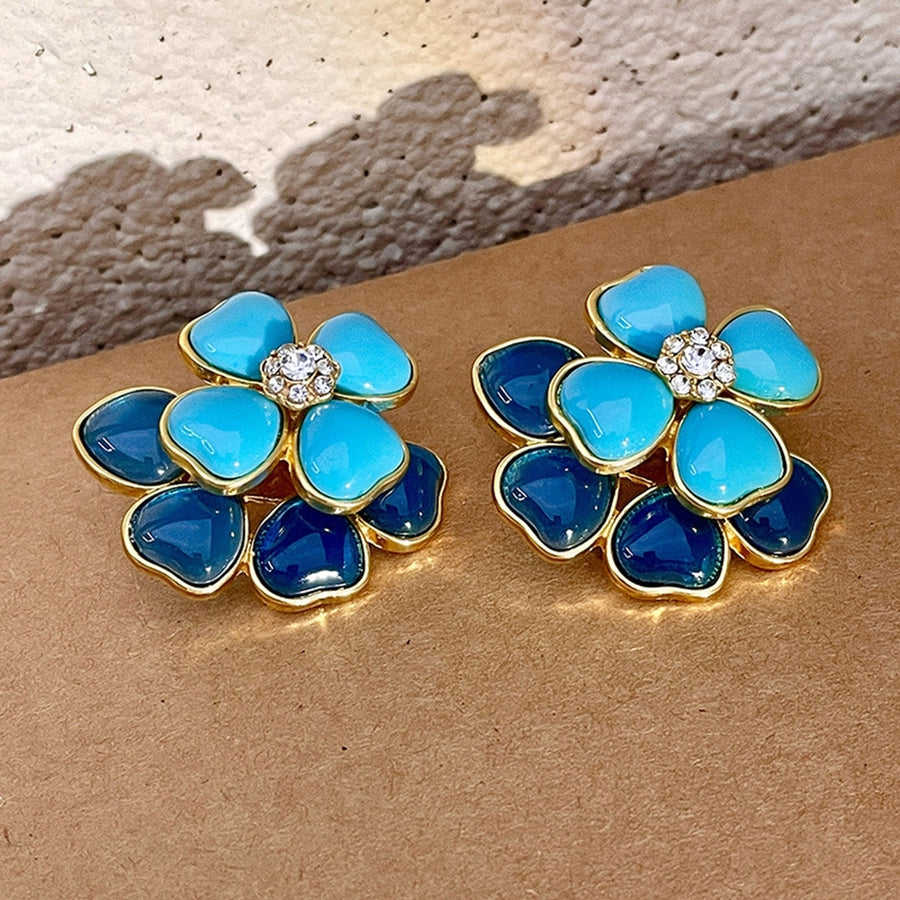 1 Pair Women Earrings Double Layered Geometric Enamel Three-dimensional Retro Decoration Blue Flower Shape Stud Earrings Image 1