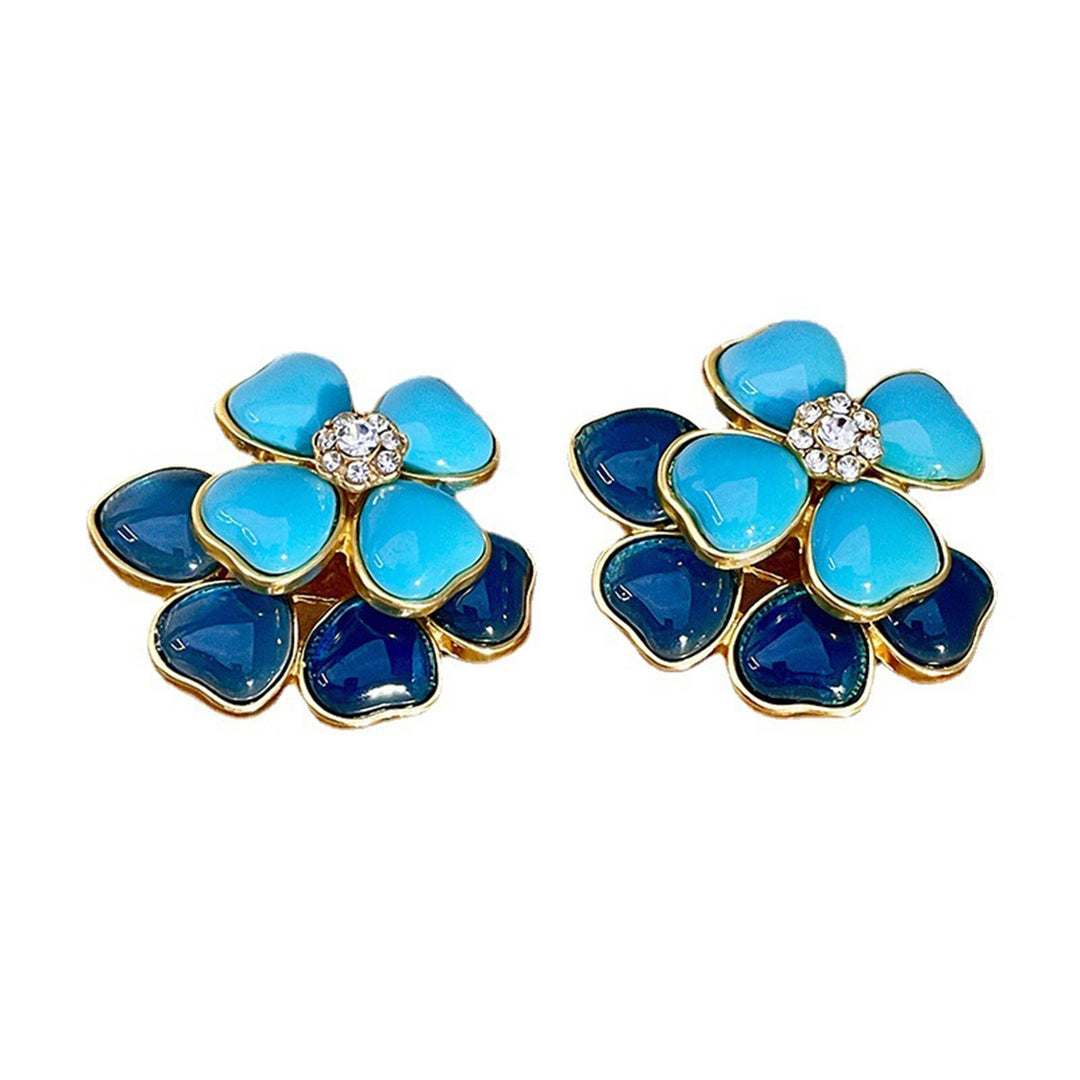 1 Pair Women Earrings Double Layered Geometric Enamel Three-dimensional Retro Decoration Blue Flower Shape Stud Earrings Image 4