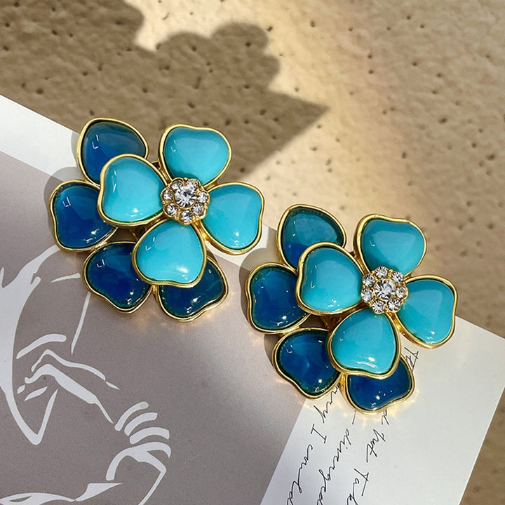 1 Pair Women Earrings Double Layered Geometric Enamel Three-dimensional Retro Decoration Blue Flower Shape Stud Earrings Image 7
