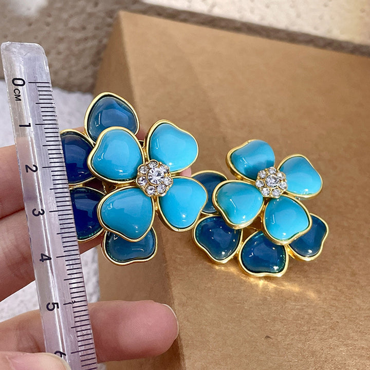 1 Pair Women Earrings Double Layered Geometric Enamel Three-dimensional Retro Decoration Blue Flower Shape Stud Earrings Image 8