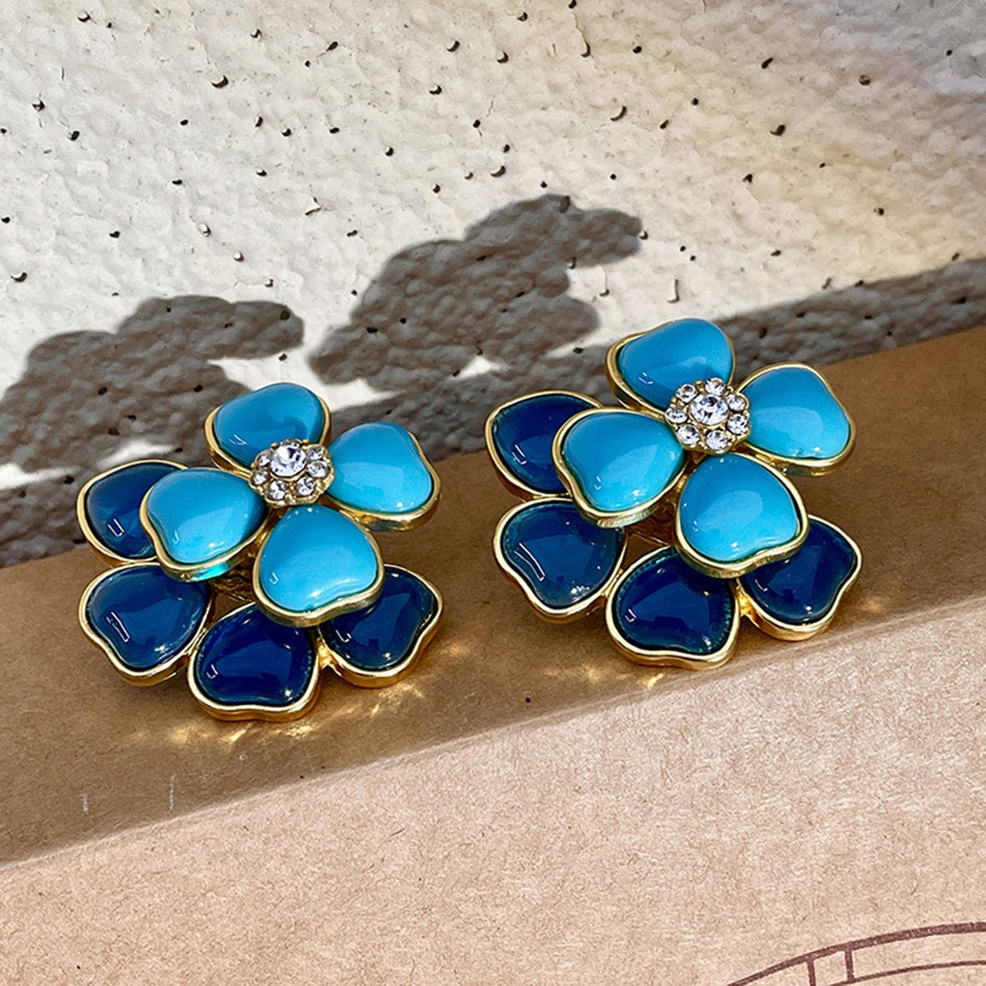 1 Pair Women Earrings Double Layered Geometric Enamel Three-dimensional Retro Decoration Blue Flower Shape Stud Earrings Image 10