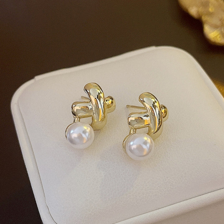 1 Pair Ear Studs Electroplating Golden Cross X Shape Geometric Elegant Mini High Gloss Faux Pearl Women Earrings Fashion Image 1
