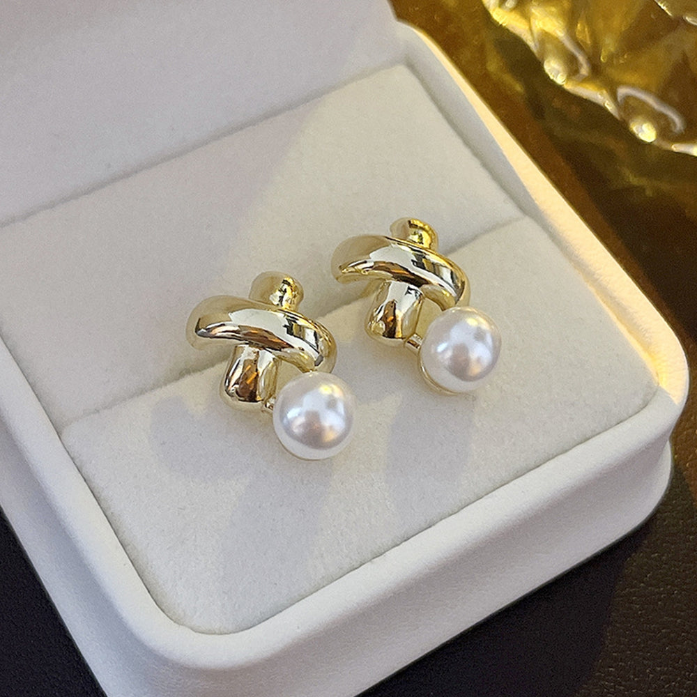 1 Pair Ear Studs Electroplating Golden Cross X Shape Geometric Elegant Mini High Gloss Faux Pearl Women Earrings Fashion Image 2