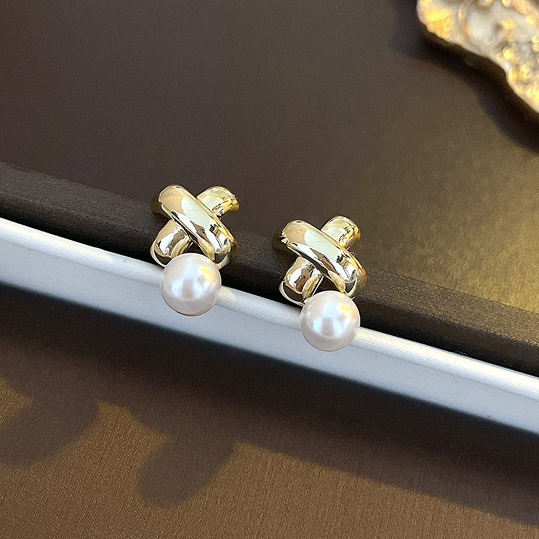 1 Pair Ear Studs Electroplating Golden Cross X Shape Geometric Elegant Mini High Gloss Faux Pearl Women Earrings Fashion Image 3