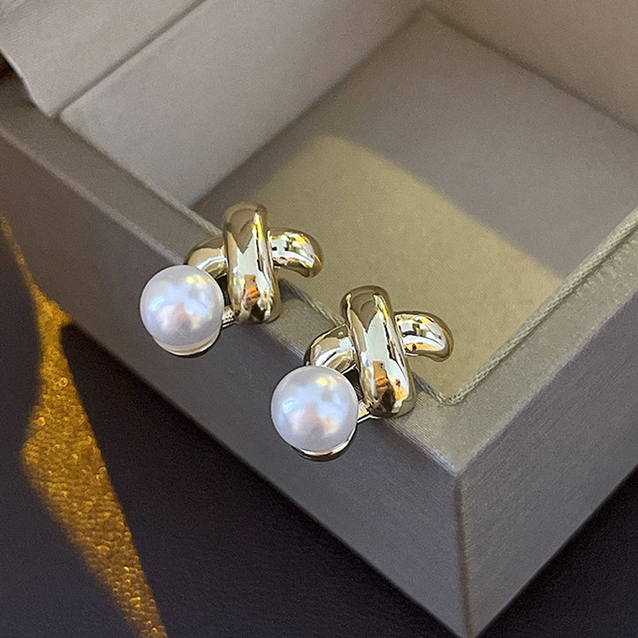 1 Pair Ear Studs Electroplating Golden Cross X Shape Geometric Elegant Mini High Gloss Faux Pearl Women Earrings Fashion Image 4