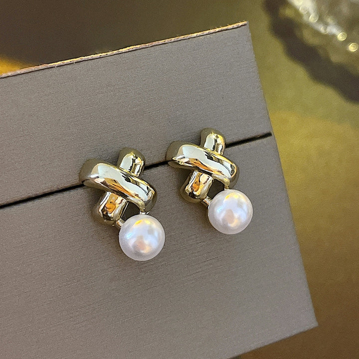 1 Pair Ear Studs Electroplating Golden Cross X Shape Geometric Elegant Mini High Gloss Faux Pearl Women Earrings Fashion Image 7