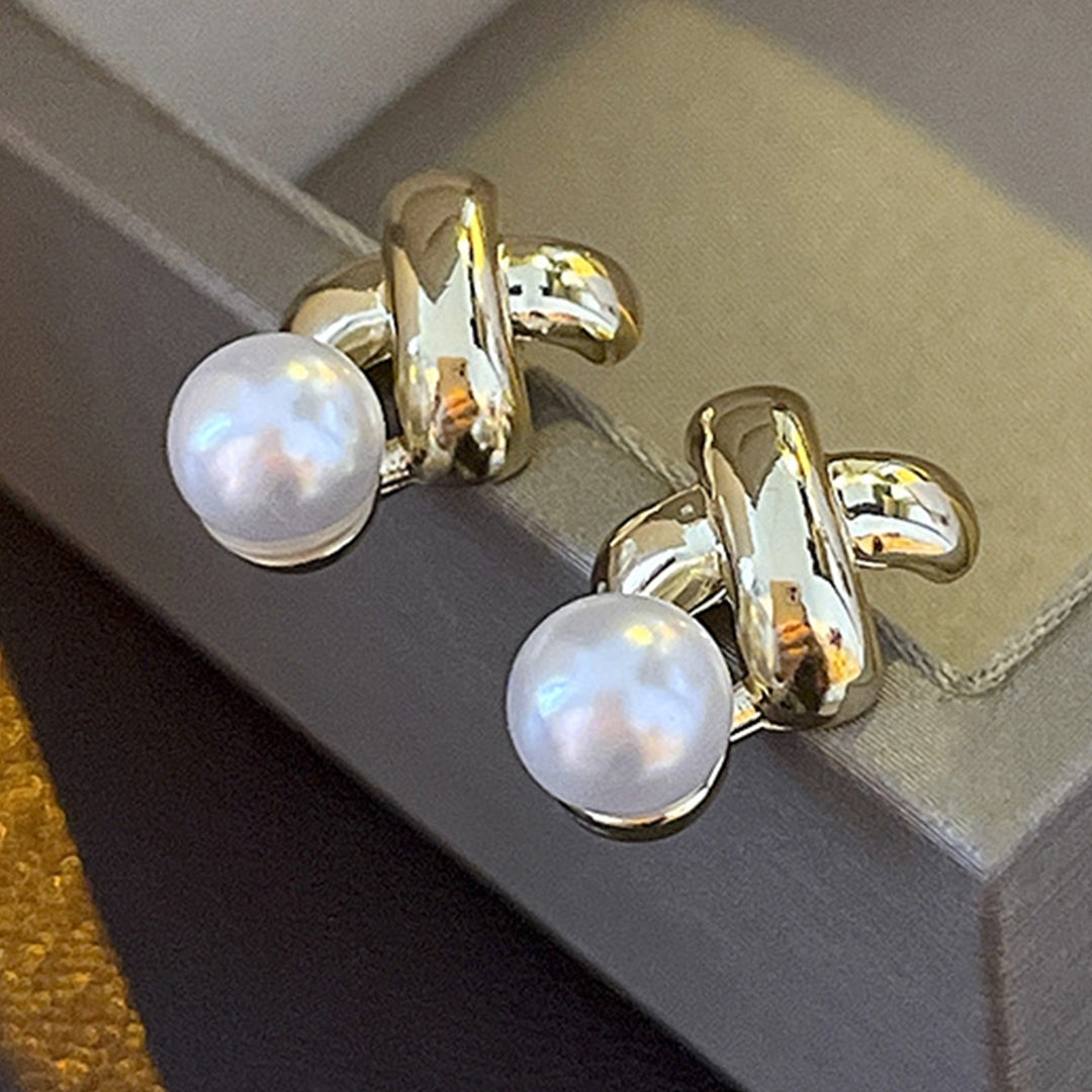 1 Pair Ear Studs Electroplating Golden Cross X Shape Geometric Elegant Mini High Gloss Faux Pearl Women Earrings Fashion Image 8