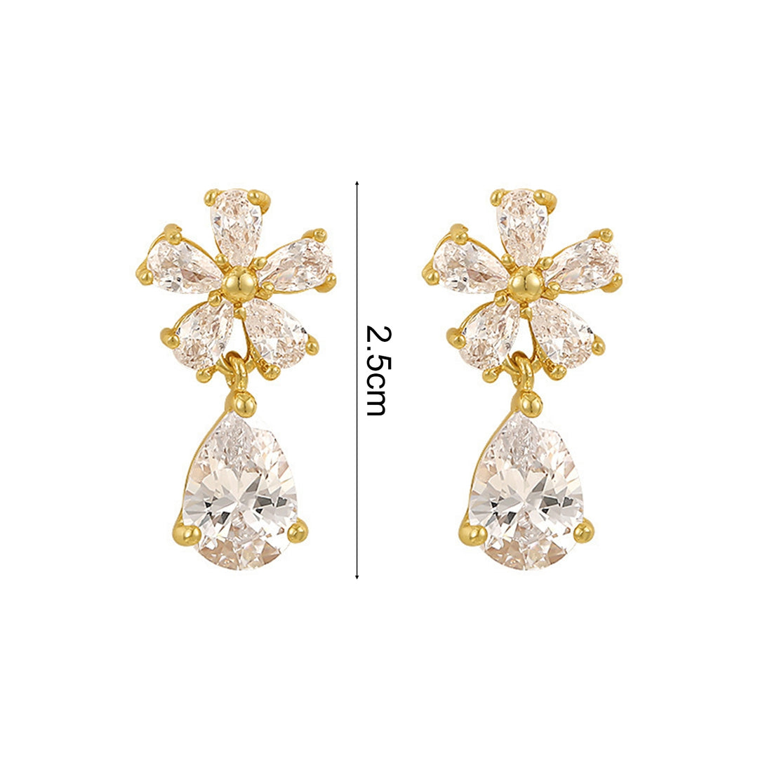 1 Pair Stud Earrings Clear Waterdrop Golden Elegant Luxury Rhinestone Inlaid Flower Dangle Earrings Fashion Jewelry Image 6
