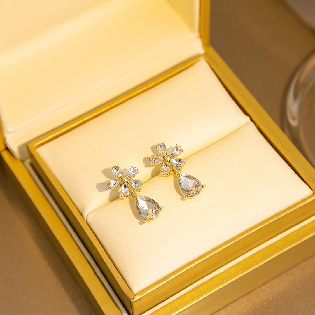 1 Pair Stud Earrings Clear Waterdrop Golden Elegant Luxury Rhinestone Inlaid Flower Dangle Earrings Fashion Jewelry Image 10