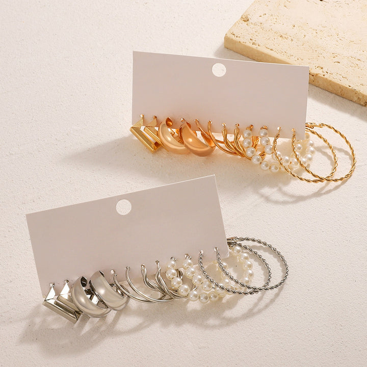 6 Pairs Women Hoop Earrings Simple Geometric C-shaped Twisted Faux Pearl Assorted Earrings Fashion Accessories Gift Image 4