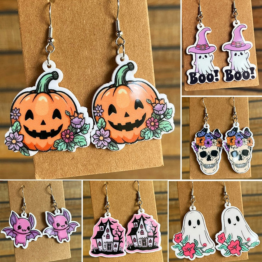1 Pair Cute Halloween Ghost Pumpkin Skull Castle Bat Shape Acrylic Dangle Earrings Women Girls Funny Jewelry Image 1