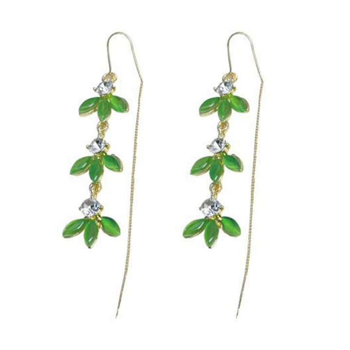 1 Pair Korean Style Green Leaves Metal Chain Tassel Earrings Women Shiny Rhinestone Inlay Exquisite Drop Earrings Image 4
