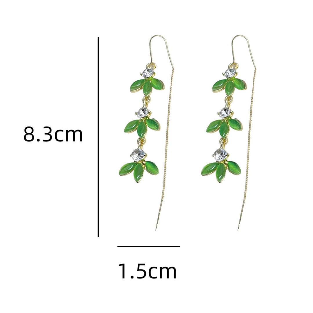 1 Pair Korean Style Green Leaves Metal Chain Tassel Earrings Women Shiny Rhinestone Inlay Exquisite Drop Earrings Image 6