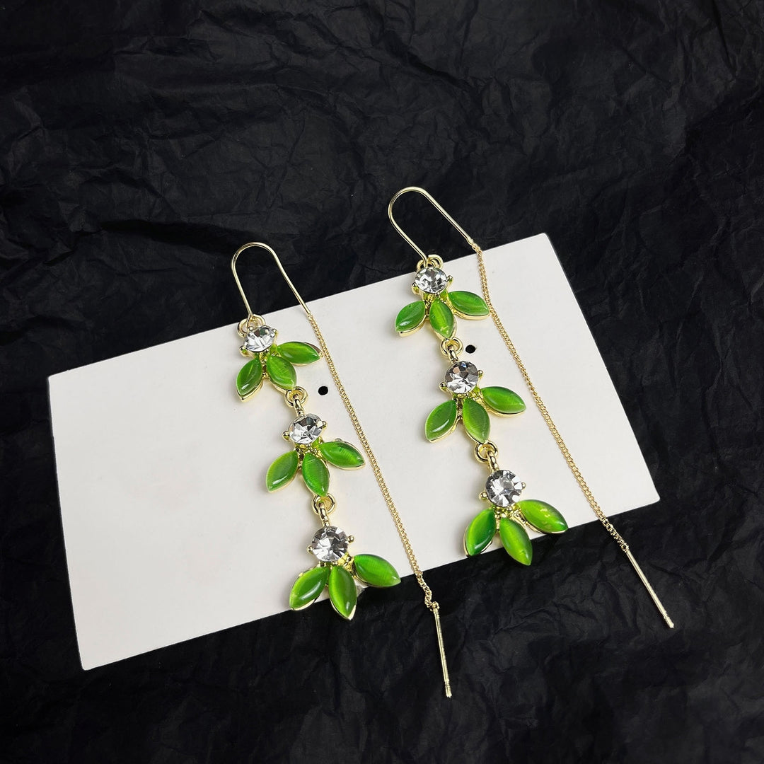 1 Pair Korean Style Green Leaves Metal Chain Tassel Earrings Women Shiny Rhinestone Inlay Exquisite Drop Earrings Image 9