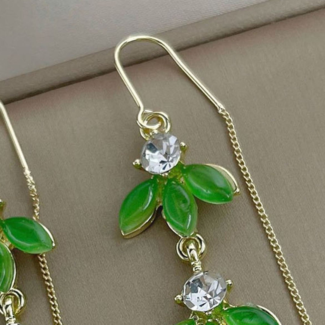 1 Pair Korean Style Green Leaves Metal Chain Tassel Earrings Women Shiny Rhinestone Inlay Exquisite Drop Earrings Image 12