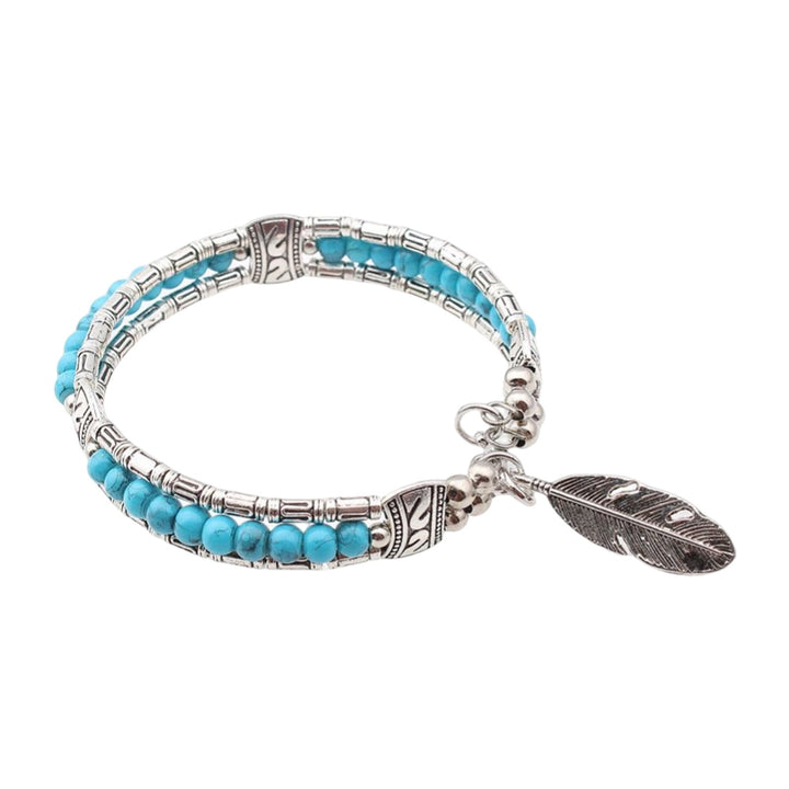 Women Bracelet Feather Shape Alloy Faux Turquoise Three-layers Women Bangles for Gift Image 4