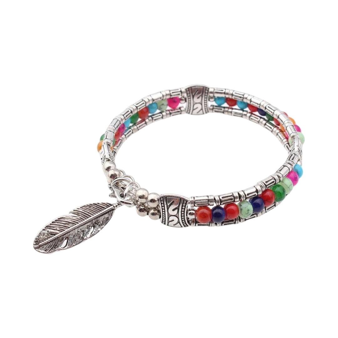 Women Bracelet Feather Shape Alloy Faux Turquoise Three-layers Women Bangles for Gift Image 4