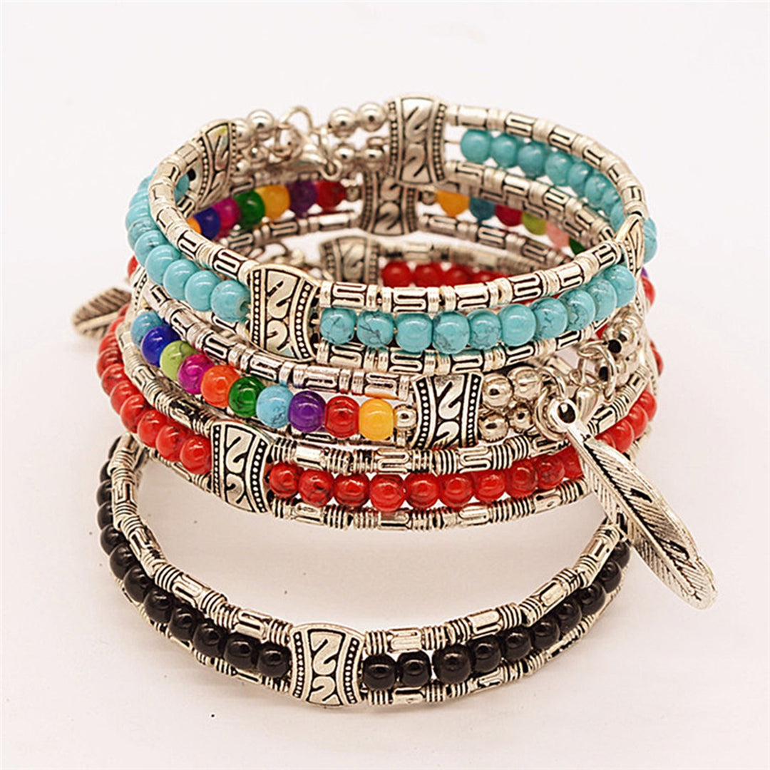 Women Bracelet Feather Shape Alloy Faux Turquoise Three-layers Women Bangles for Gift Image 6