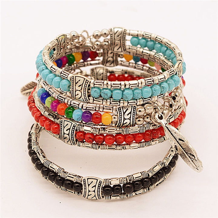 Women Bracelet Feather Shape Alloy Faux Turquoise Three-layers Women Bangles for Gift Image 6