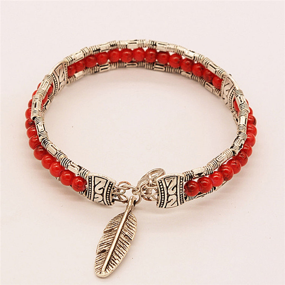 Women Bracelet Feather Shape Alloy Faux Turquoise Three-layers Women Bangles for Gift Image 7