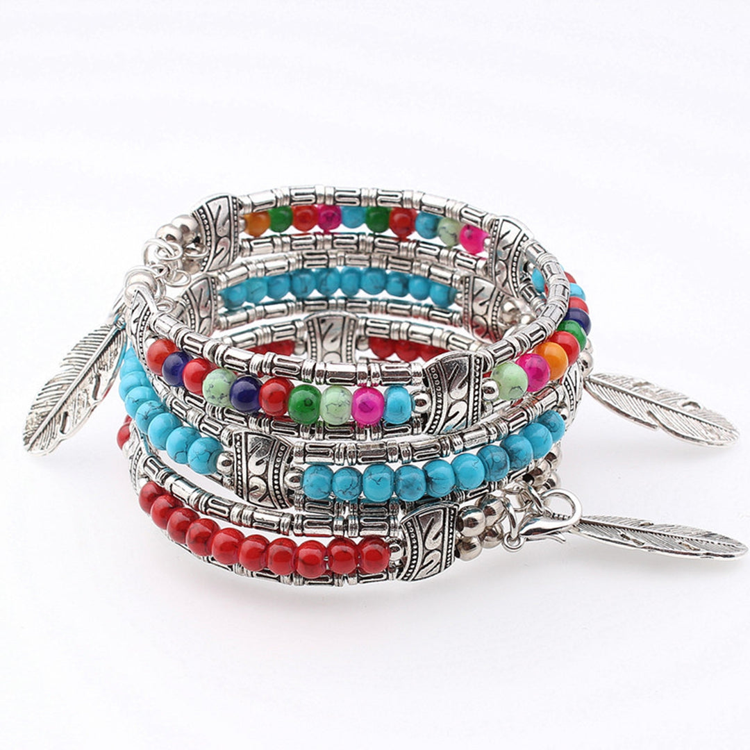 Women Bracelet Feather Shape Alloy Faux Turquoise Three-layers Women Bangles for Gift Image 8