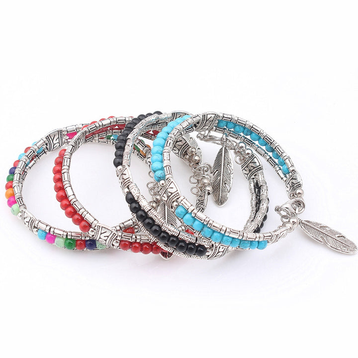 Women Bracelet Feather Shape Alloy Faux Turquoise Three-layers Women Bangles for Gift Image 9