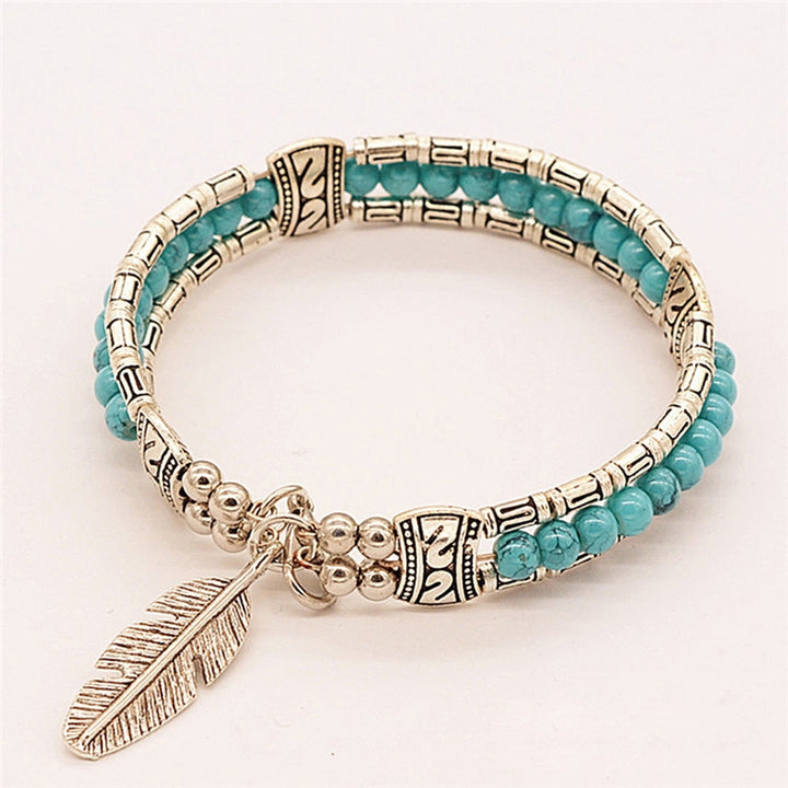 Women Bracelet Feather Shape Alloy Faux Turquoise Three-layers Women Bangles for Gift Image 12