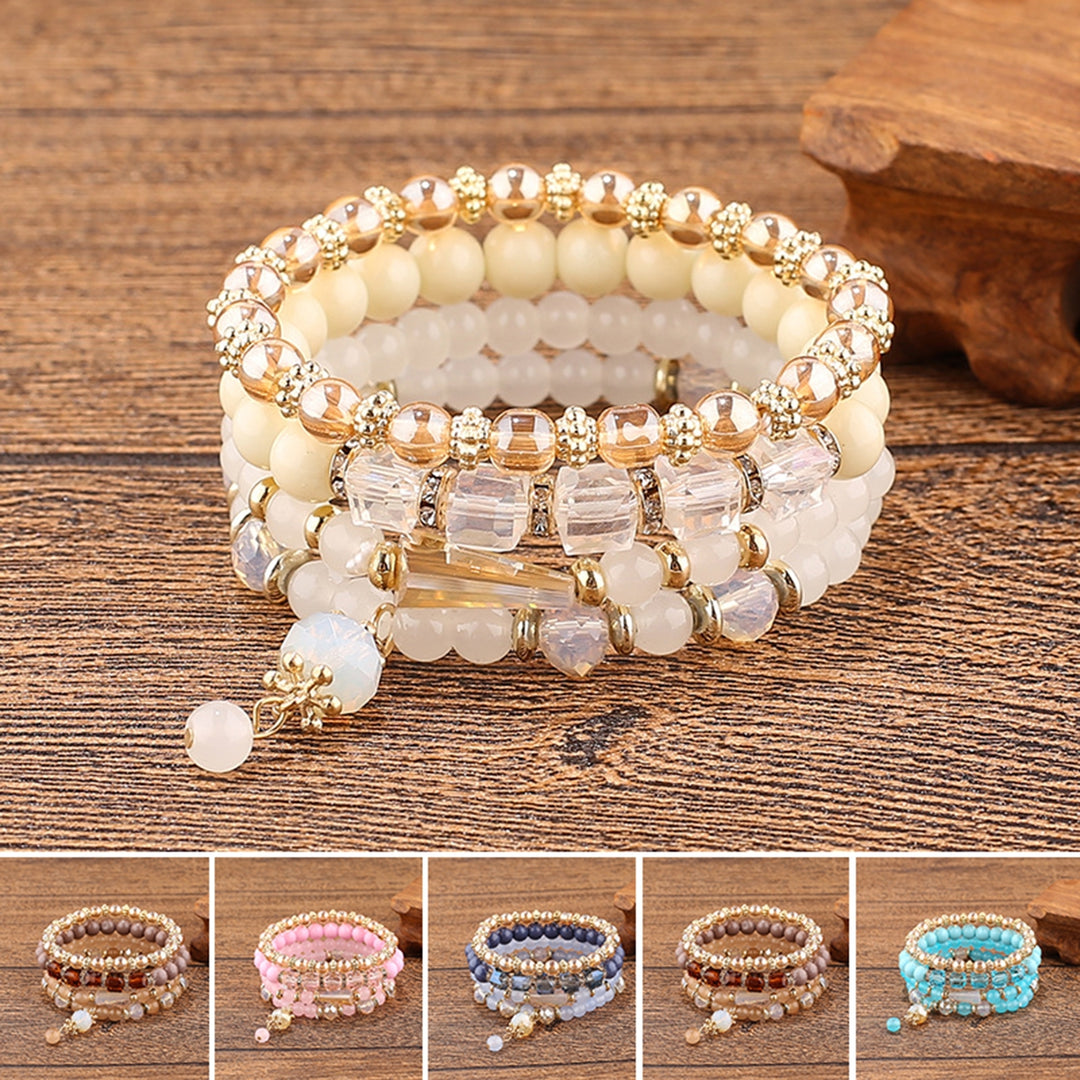 4Pcs Women Bracelets Multilayer Faux Glaze Jewelry Elasticity Tassel Bangles for Beach Image 8