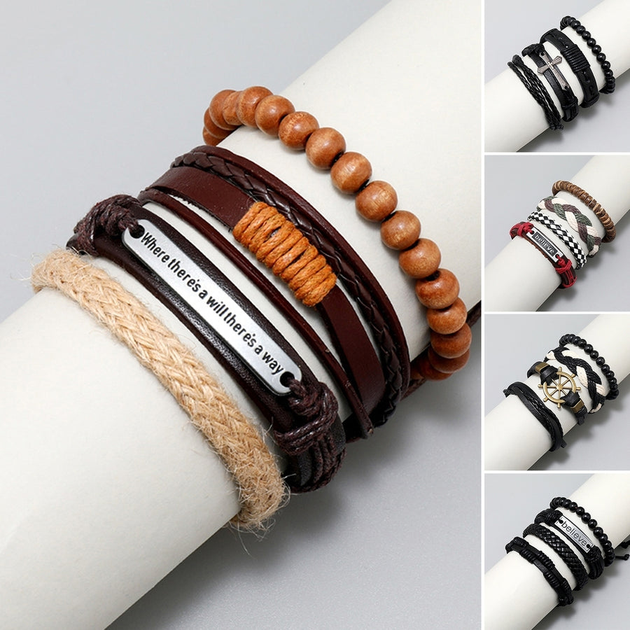 4Pcs/Set Beads Elastic Rope Adjustable DIY Braided Bracelets Men Handmade Woven Faux Leather Bracelets Jewelry Image 1