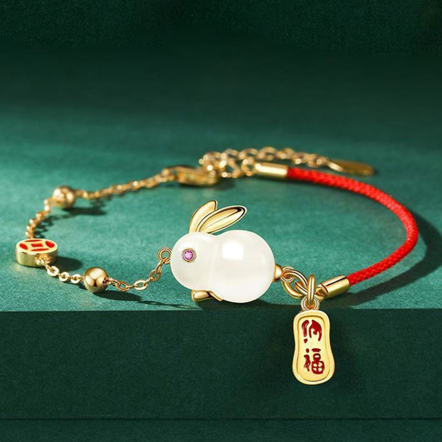 Women Bracelet Chinese Style Fu Character Auspicious Pendant Gift Half Red Rope Half Chain Faux Jade Rabbit Bangle for Image 1