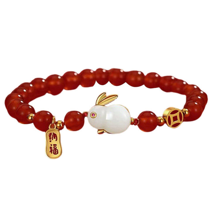 Women Bracelet Chinese Style Fu Character Auspicious Pendant Gift Half Red Rope Half Chain Faux Jade Rabbit Bangle for Image 2